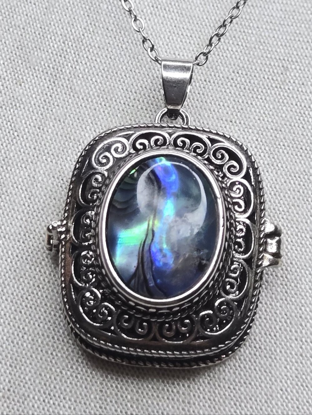 Sterling-Style Silver Locket Necklace with Iridescent Blue Stone